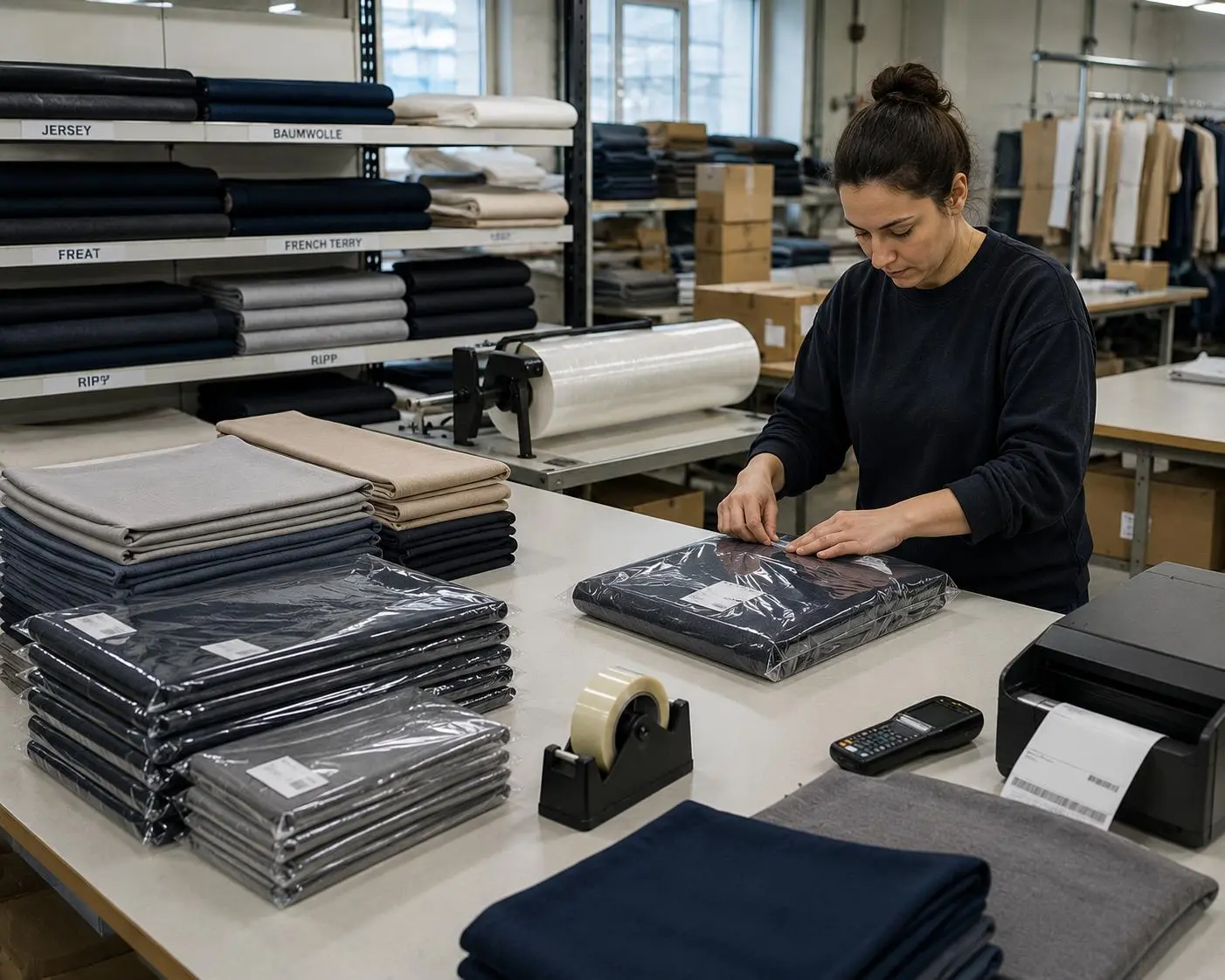 Mitarbeiterin faltet und verpackt Textilien an einem Arbeitsplatz