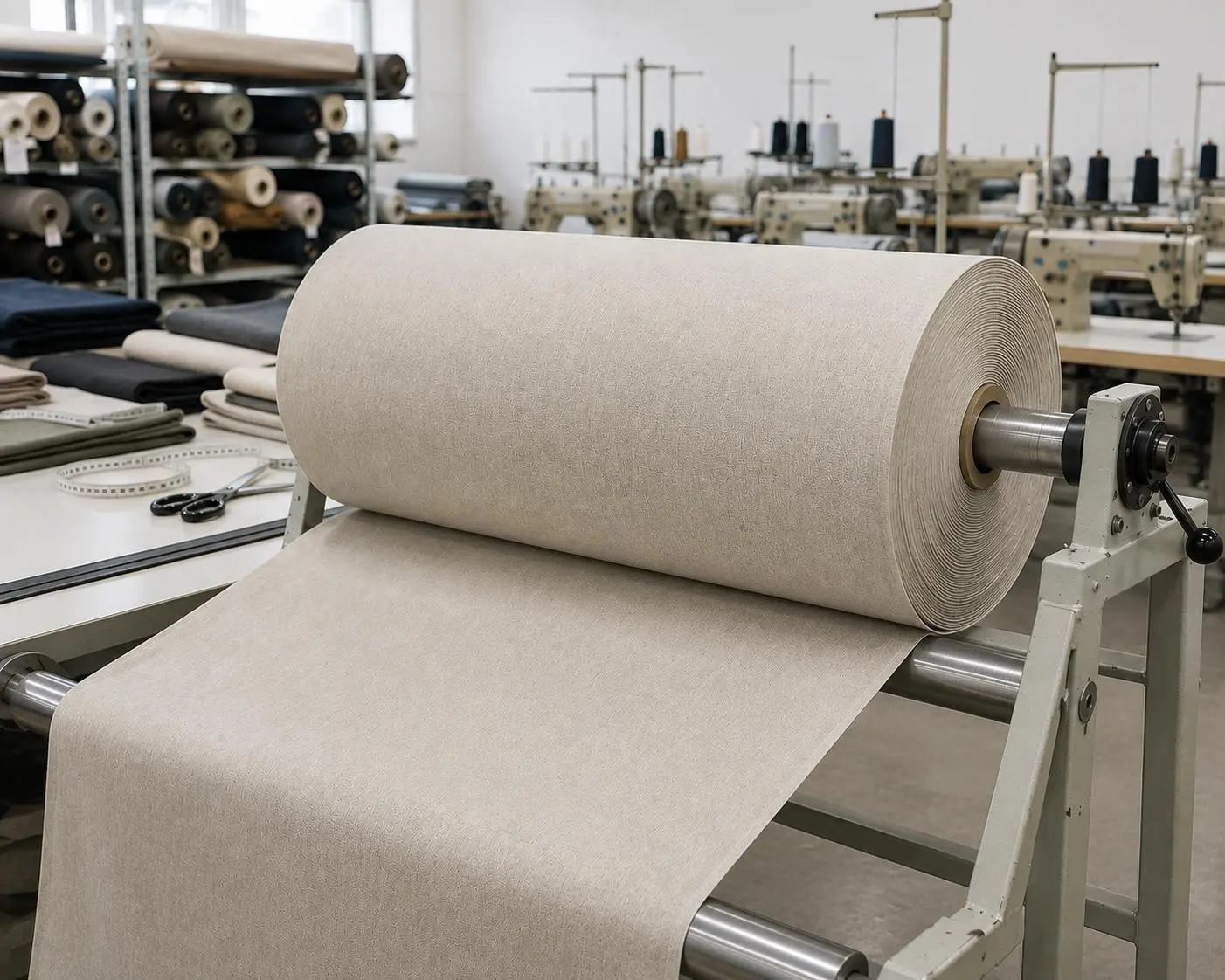 Beige Textilrolle in einer Produktionsanlage
